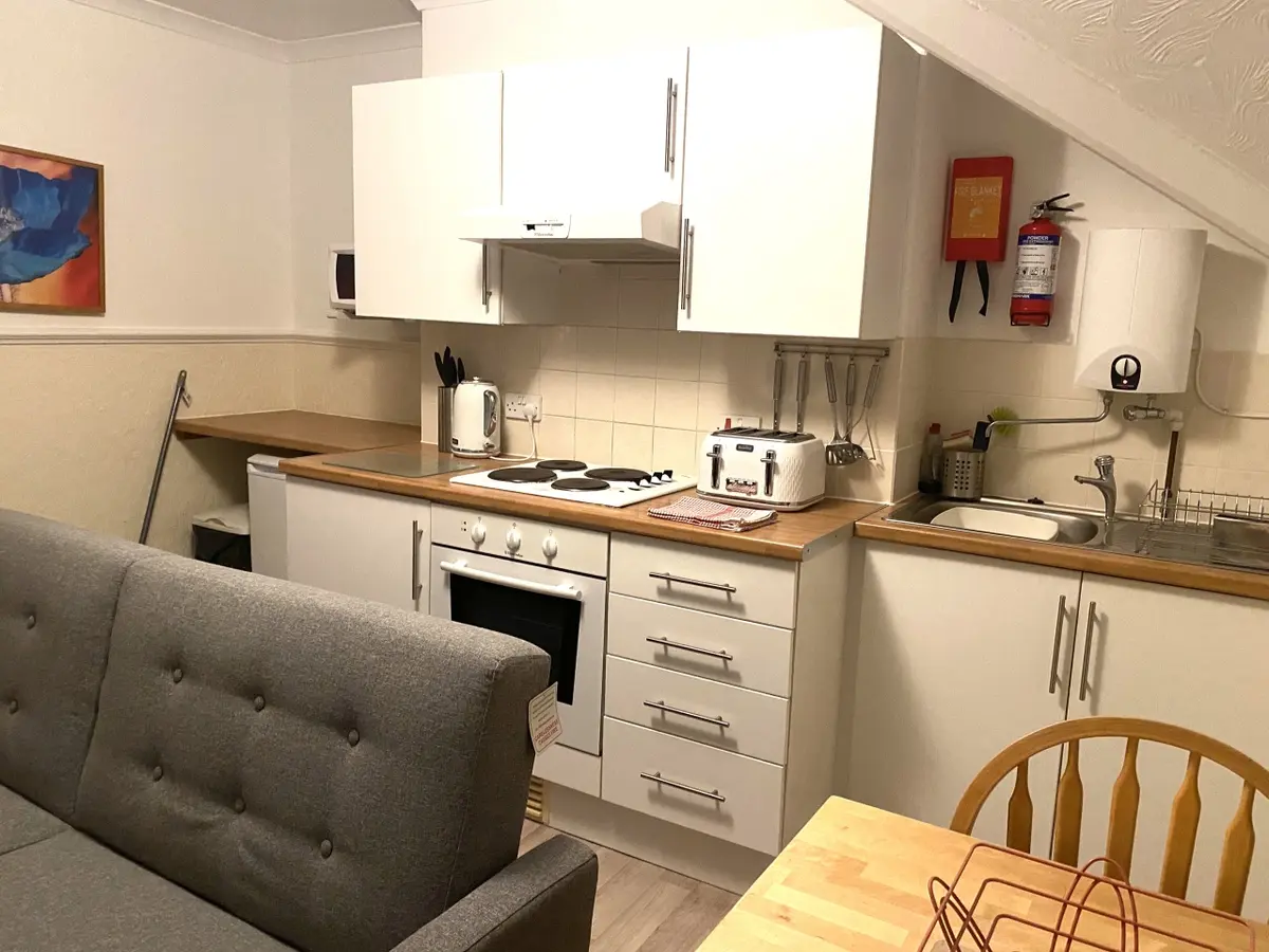 Kitchen, dining and lounge space in the Large Apartment